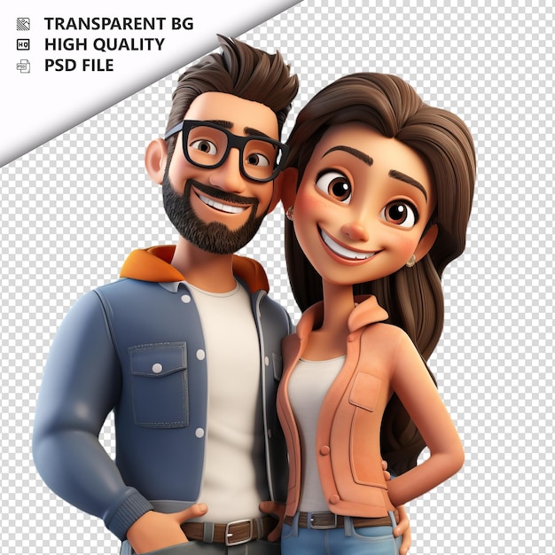 PSD happy latin couple 3d cartoon style sullo sfondo bianco isolato