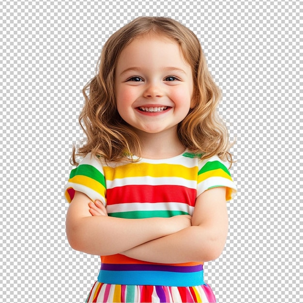 happy little girl with colorful dress on white background