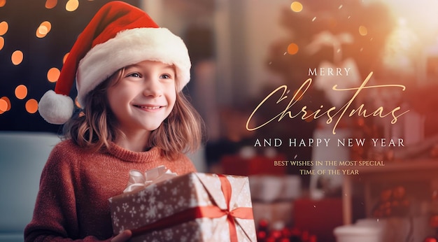 PSD Счастливая маленькая девочка с шляпой санта улыбается и держит рождественский подарок дома и копировать пространство