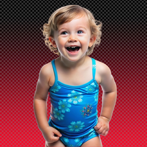 PSD happy little kid in a blue swimsuit on transparent background