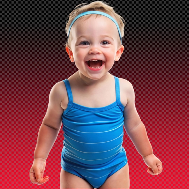 PSD happy little kid in a blue swimsuit on transparent background