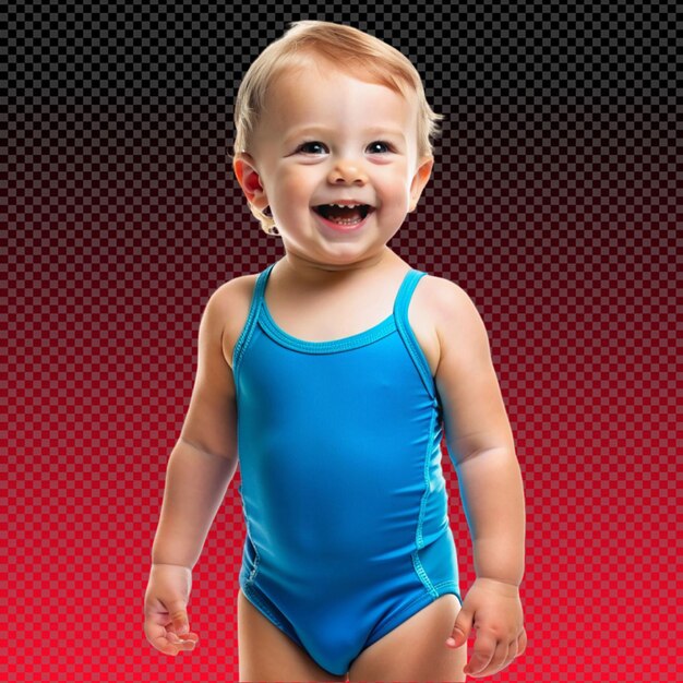 PSD happy little kid in a blue swimsuit on transparent background