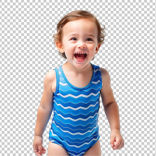 Un ragazzino felice in un costume da bagno blu