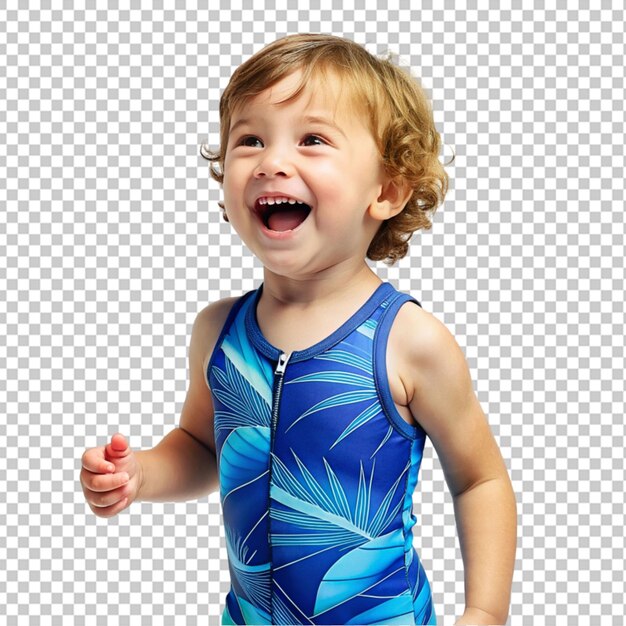 파란 수영복을 입은 행복한 어린 아이