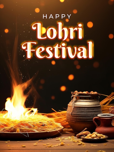 PSD happy lohri festival poster template with lohri background
