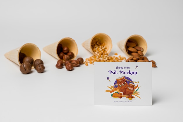 PSD happy lohri mockup with nuts arrangement