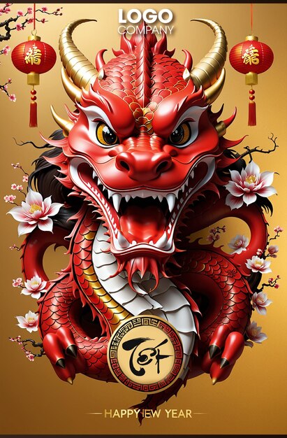 PSD happy lunar new year 2024 the dragon zodiac sign on the color background