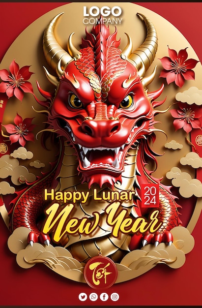 PSD happy lunar new year 2024 the dragon zodiac sign on the color background