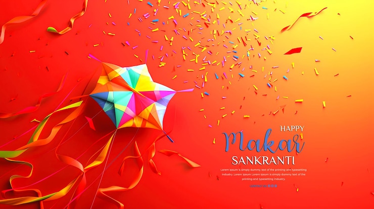 PSD happy makar sankranti celebration card with a colorful kites red background