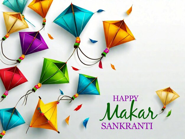 PSD happy makar sankranti with colorful kites and string spools on white background