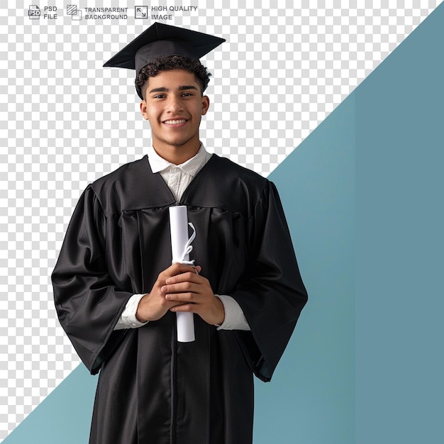 PSD Счастливый студент с дипломом позирует на прозрачном фоне