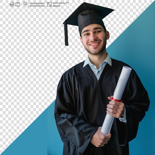 PSD happy male student with diploma posing on transparent background