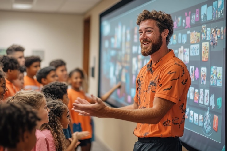 PSD happy male teacher presenting interactive lesson to enthusiastic elementary school children
