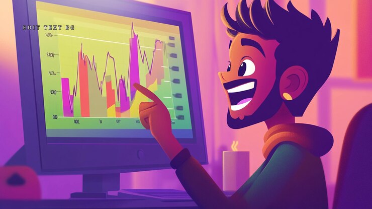 PSD happy man analyzing financial charts on computer screen