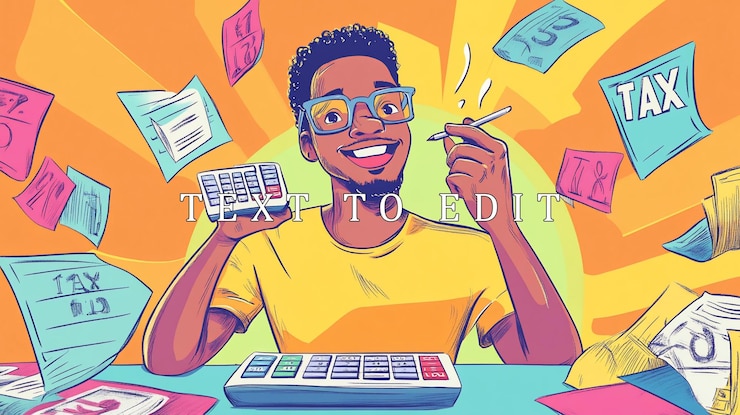PSD happy man calculating taxes with calculator and paperwork