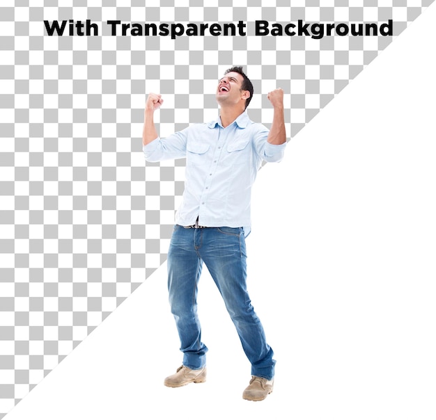 happy man celebrating or cheering png psd isolated on transparent background