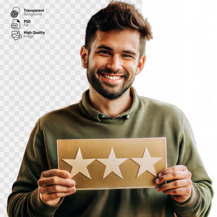 PSD happy man holding three star review sign on transparent background
