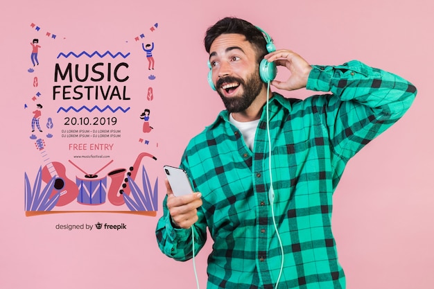 PSD happy man listening music with poster template