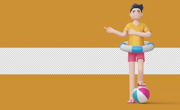 Happy man pointing finger in swim ring on a beach ball 3d rendering