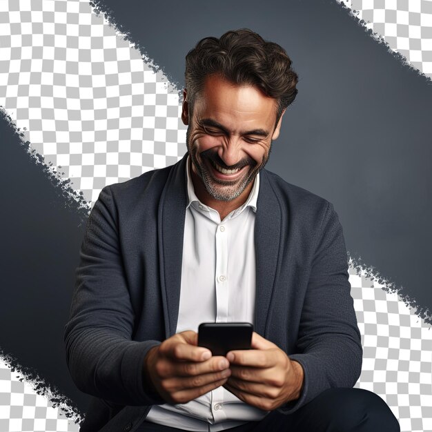 PSD happy man reading news on phone in transparent background