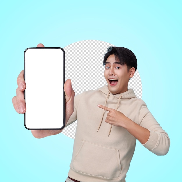 携帯電話 の 画面 を 見せ て いる 幸せ な 人