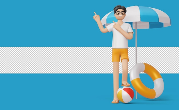 Happy man and swimming ring with beach ball 3d rendering