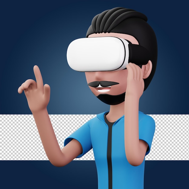 가상 현실 헤드셋을 사용하는 행복한 사람 VR 3d 렌더링이 있는 귀여운 만화 캐릭터