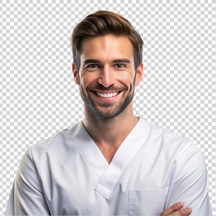 PSD happy man wearing stylish dentistry uniform isolated on transparent background
