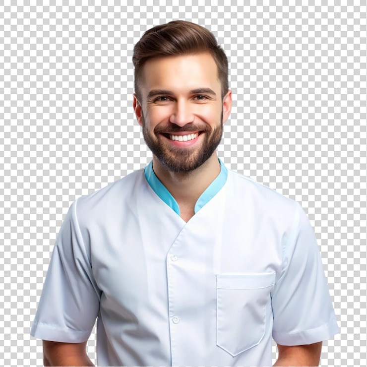 PSD happy man wearing stylish dentistry uniform isolated on transparent background