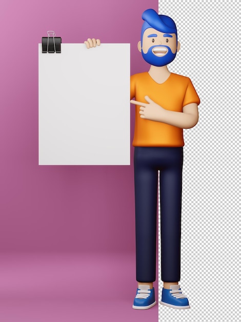 空白の画面と空のボードの3dレンダリングで幸せな男