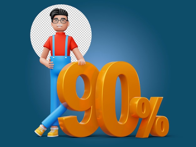 Happy man with golden number ninety percent 3d rendering