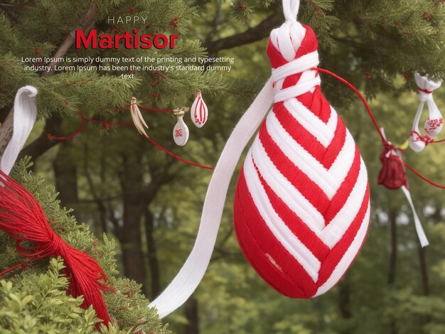 Happy martisor hanging a red and white string on a tree