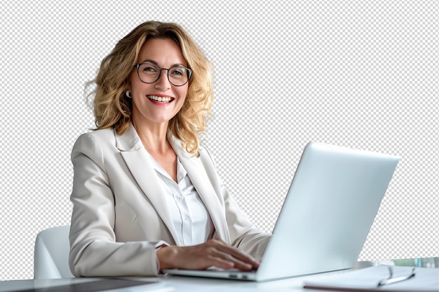 PSD happy mature mid aged business woman professional in her 40s writing notes finance report overview