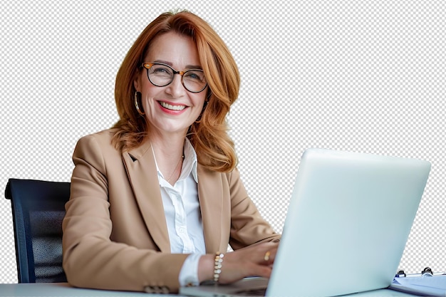 PSD happy mature mid aged business woman professional in her 40s writing notes finance report overview