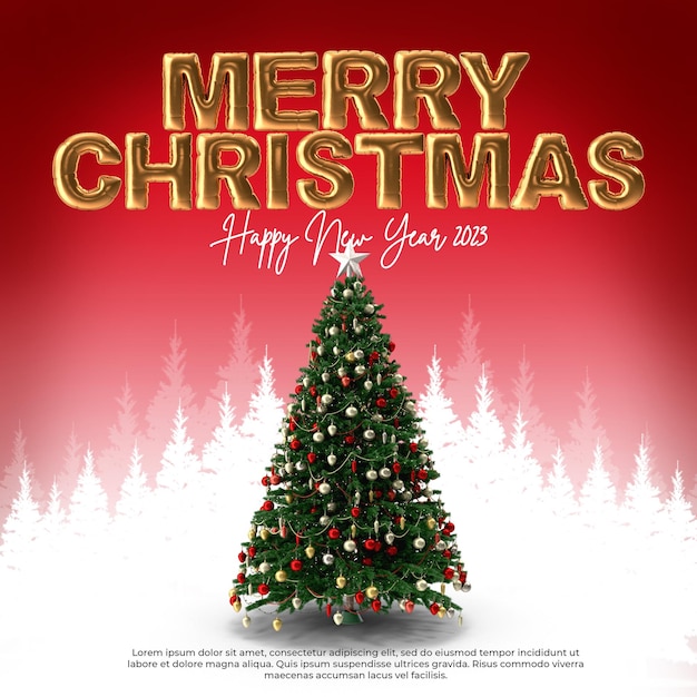 PSD happy merry christmas 3d lettering and 3d render christmas tree with transparent background