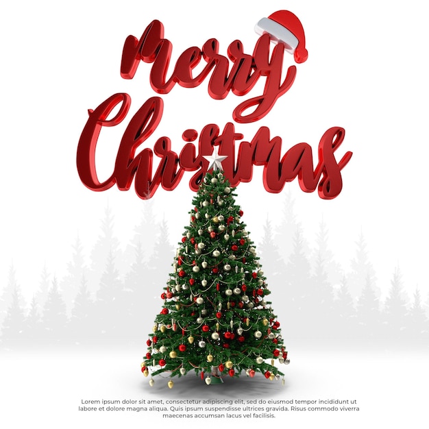 PSD happy merry christmas 3d lettering and 3d render christmas tree with transparent background