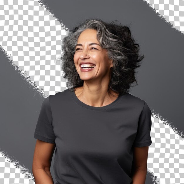 PSD happy middle aged latin woman laughing in casual clothing against transparent background