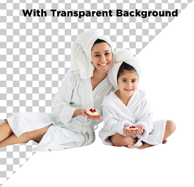 happy mother and daughter in bathrob or bath gown png psd isolated on transparent background
