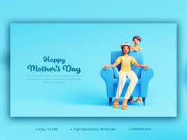 happy mother's day banner design with 3d young boy wear crown to his mom at sofa on blue background
