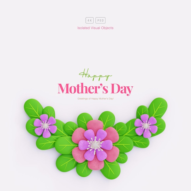 Happy mother's day begroeting achtergrond versierd met schattige bloemen en bladeren