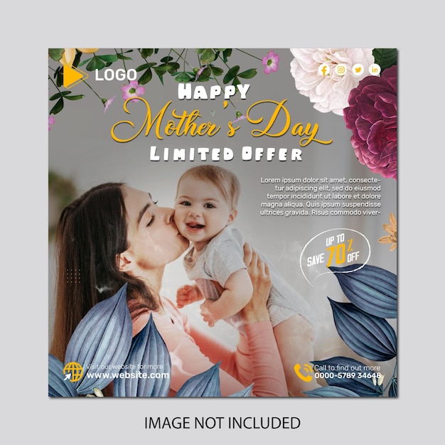 PSD happy mother's day greeting card design with flower social media post and banner template