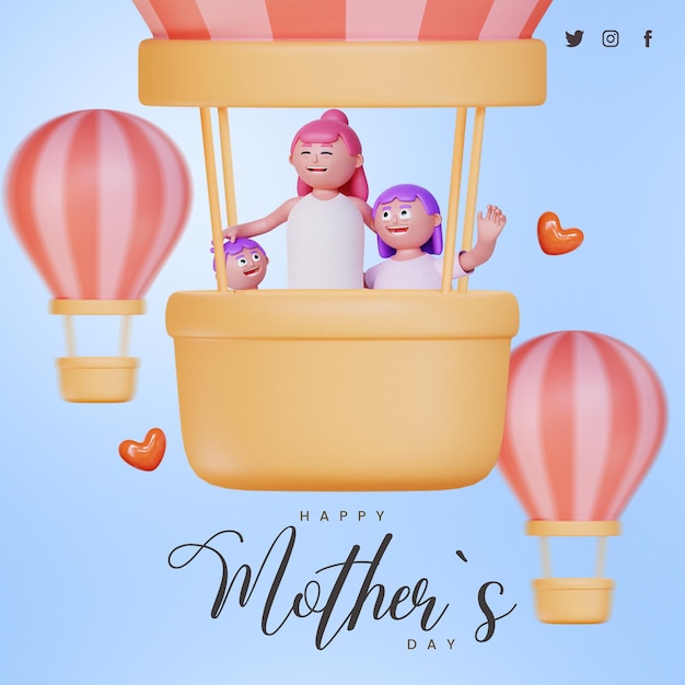 3dレンダリングキャラクターの月と女の子の息子の熱気球が飛んで幸せな母の日テンプレート挨拶