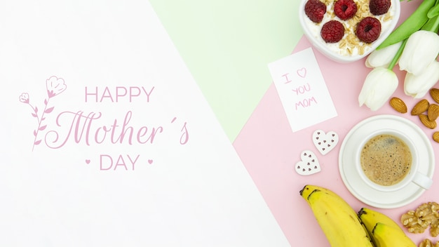 happy mother's day with coffee cup and breakfast