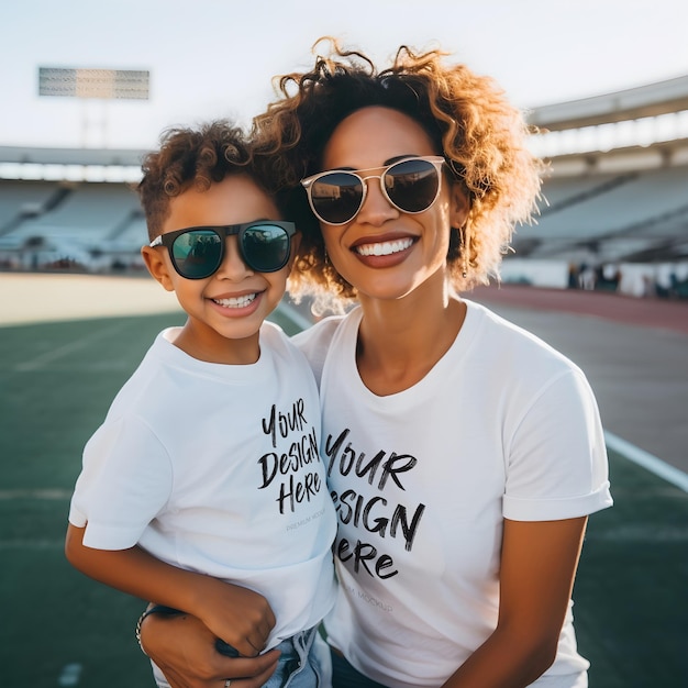 Happy Mother and Sun wearing matching white t shirts mockup