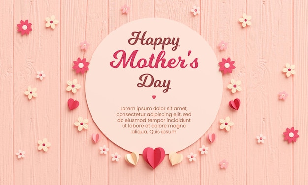 Happy Mother39s Day banner template with texts hearts and flowers in paper cut style and flat lay