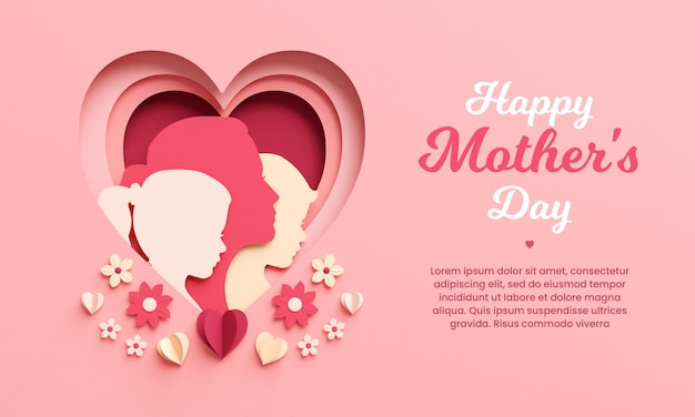 Happy Mother39s Day flyer template with mom and children silhouettes inside a heart and flowers