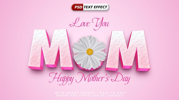 PSD happy mothers 3d style text effect with realistic flower