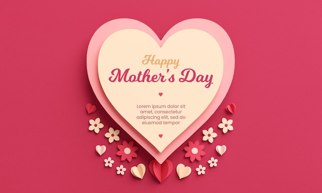 Happy Mothers Day flyer template with texts hearts and flowers in paper cut style