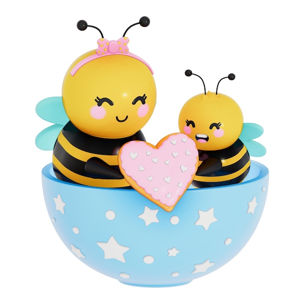 Happy mothers day mom and baby bee family baking heartshaped cookies 3d render