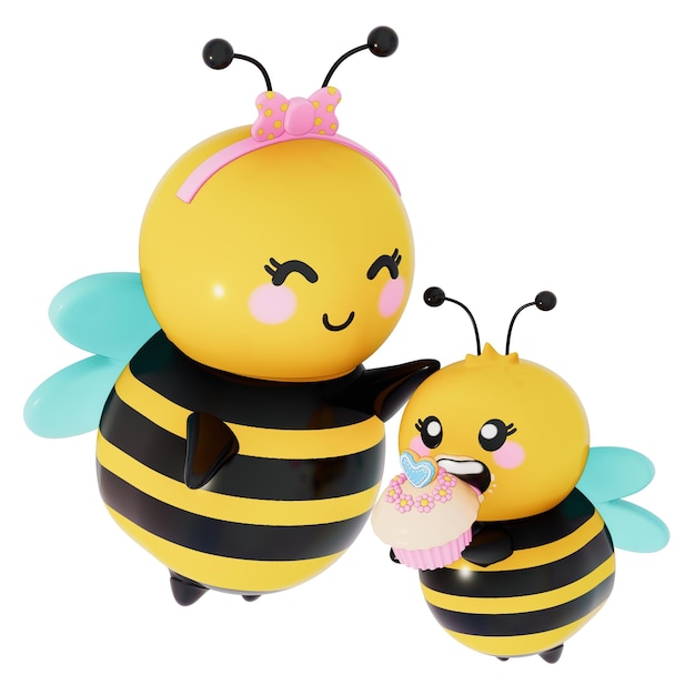 happy mothers day mom and baby bee with mini cupcakes 3d rendering